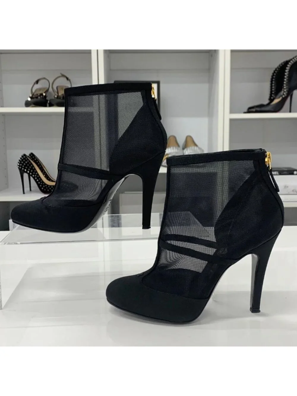 Chanel Mesh Fabric Coco Mark Short Boots Black